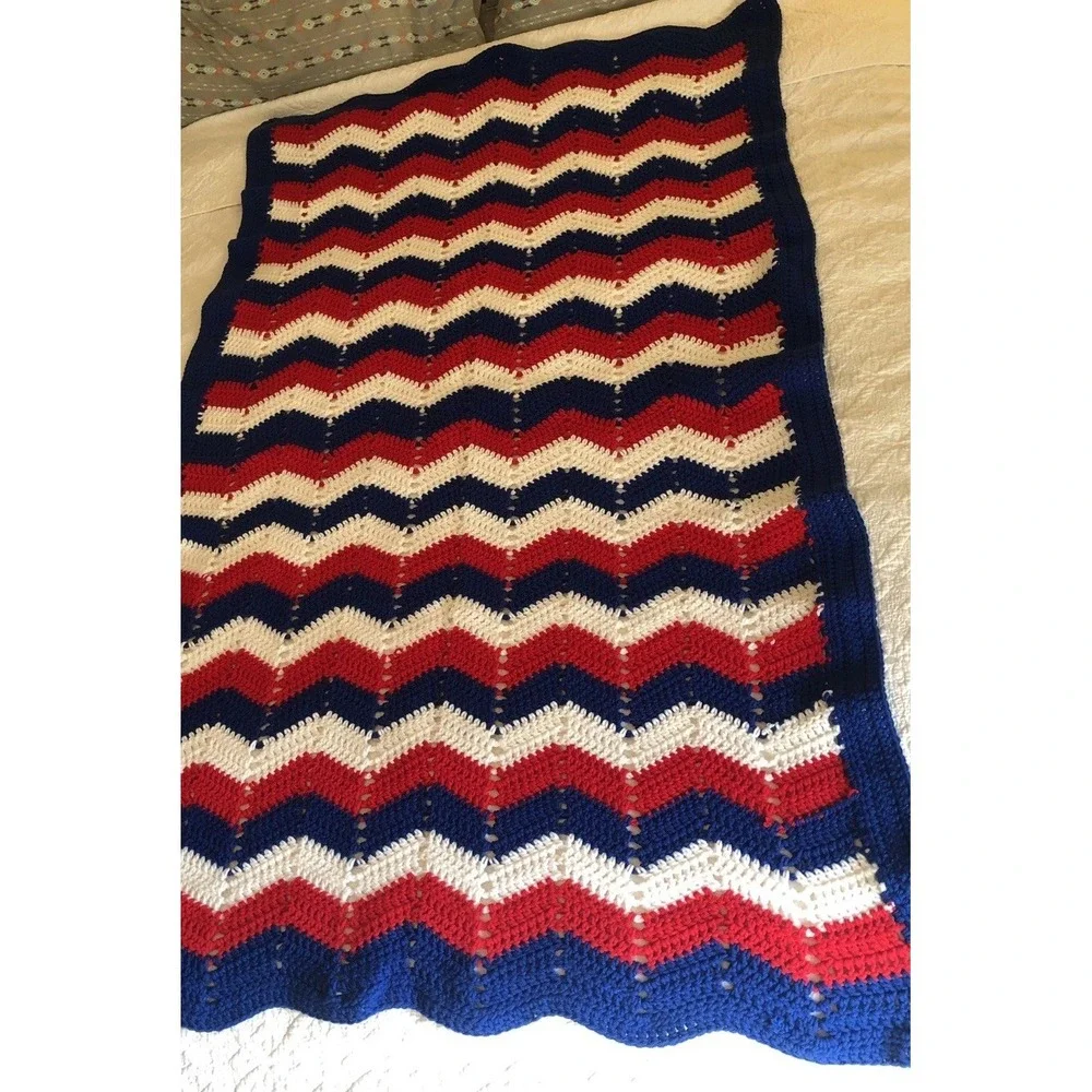 Granny Blanket Crochet Red White Blue Patriotic Americana Handmade Throw 32 X38